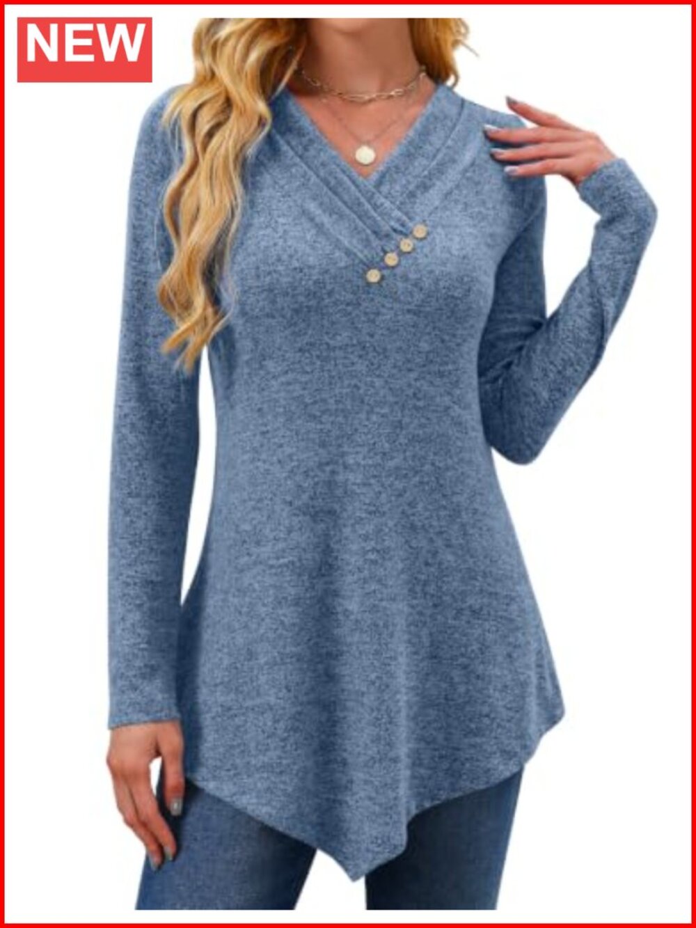 Womens Tunic Top Loose Fit Dressy Long Sleeve V Neck Asymmetric Hem